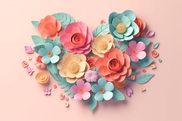 Moederdag Moederdag of Vrouwendag of Valentijnsdag hartvormige bloemen samenstelling met kopie ruimte op pastel achtergrond 3D-stijl Generatieve Ai