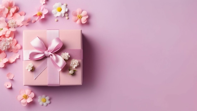 Moederdag Roze geschenkdoos met een roze lint en bloemen op een roze achtergrond