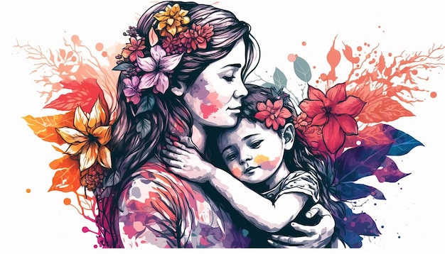 Moederdagillustratie van mamma en dochter die elkaar koesteren Generatieve ai