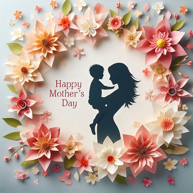 Moederdagkaart met vectorillustratie van bloem en silhouet van de moeder