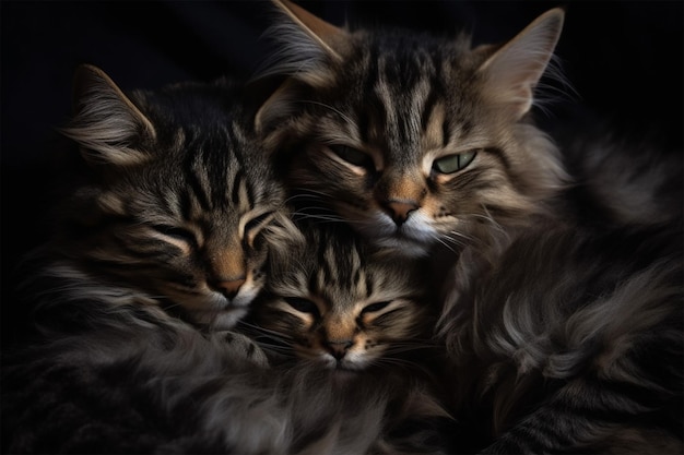 Moederkat met pluizige kittens die in groep slapen