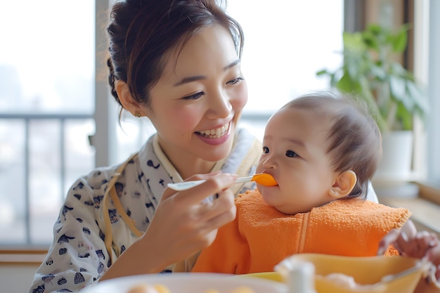 Moeders houden van hun baby tijdens de maaltijd