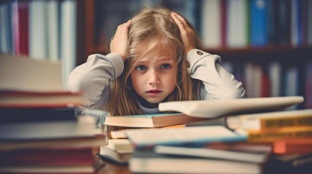 Moeilijkheden bij het leren Klein meisje bedekt hoofd met werkboek terwijl boze generatieve AI