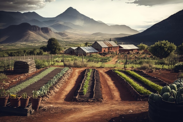 Moestuinen op boerderij met uitzicht op bergen op de achtergrond gemaakt met generatieve AI