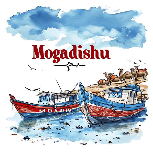 Mogadishu Text With Bold Retro Typography Design Style in Th Watercolor Lanscape Arts Collection