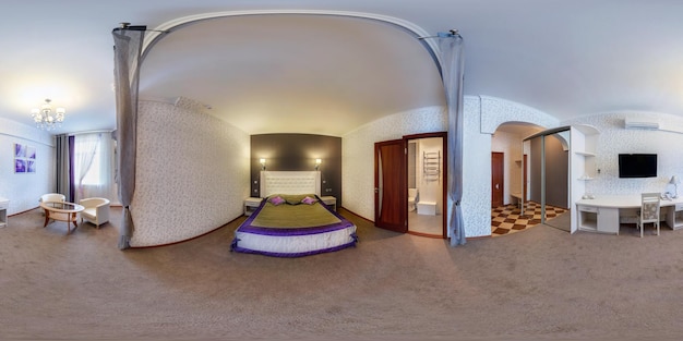 MOGILEV BELARUS JULY 2012 Full spherical 360 by 180 degrees angle seamless panorama in equirectangular equidistant projection in interior bedroom in modern hotel VR content