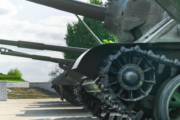 MOGILEV BELARUS MAY 21 2023 Old cannon from the Second World War aimed at the sky Monument to old weapons closeup Symbol of the end of the war Old military weapons Equipment of country