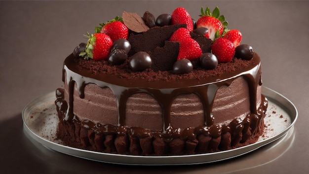 풍부한 초콜릿 드리즐 초콜릿 토핑과 신선한 딸기가 올려진 촉촉한 초콜릿 케이크
