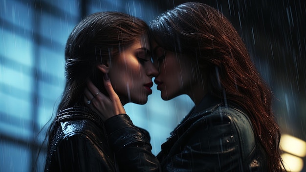 In the moisture content of the rain two women kiss