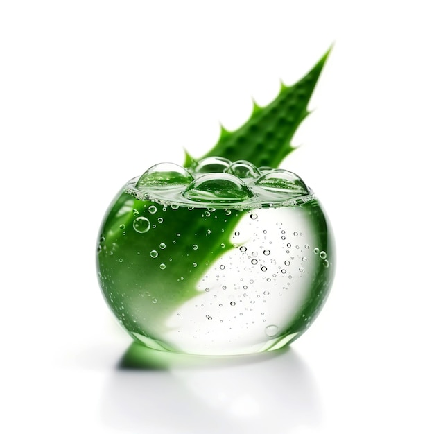 Moisturizing gel in a transparent sphere against the background of juicy Aloe for natural skin care