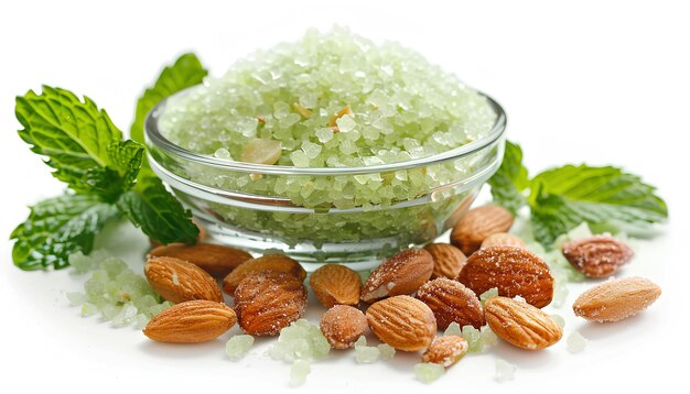 moisturizing salt scrub with green mint herbs and almonds on white background