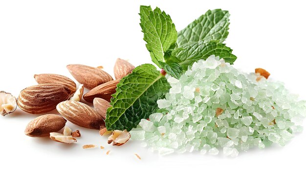 moisturizing salt scrub with green mint herbs and almonds on white background