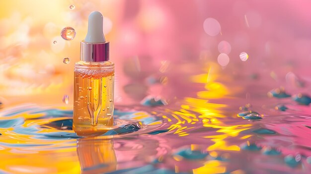 Moisturizing serum for the skin stands in the water on a pinkyellow background