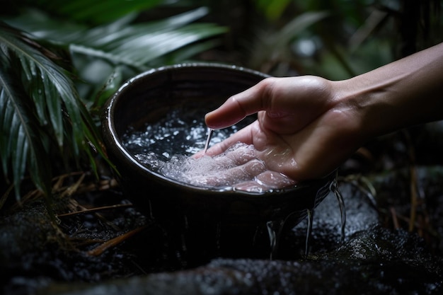 Увлажнение кожи тропической водой джунглей, мытье рук в миске с водой, генерирующей искусственный интеллект