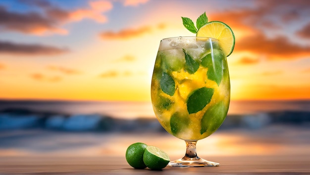 Mojito aan zee bij zonsondergang