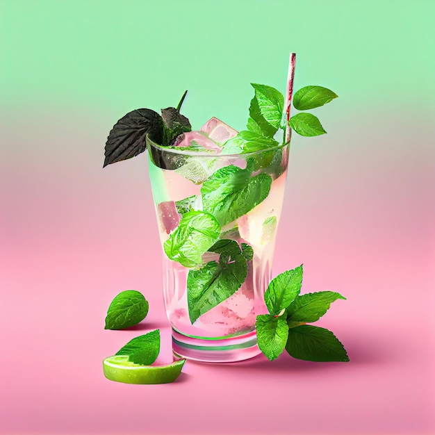 Mojito Alcohol Cocktail op Roze Achtergrond Tropische Mocktail Party Coctail Abstracte Generatieve AI Illustratie