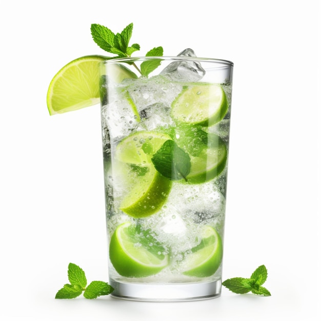 Foto cocktail alcolico mojito con ghiaccio di lime e menta isolato