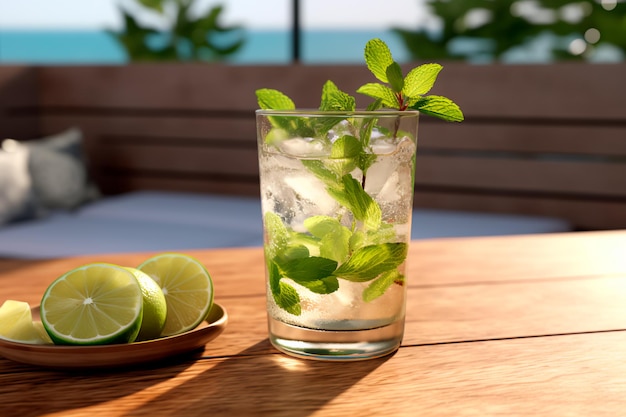 Mojito on beach background and empty space for text Summer alcoholic drink AI Generated