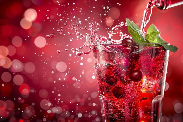 Photo mojito being poured into a glass with a splash of cranberry juice