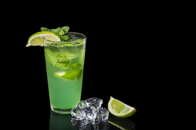 Mojito on a black background, lime, lemon mint