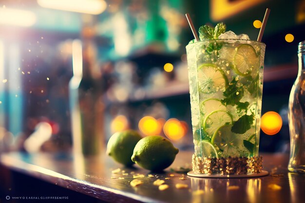 Mojito cocktail on the background of the bar Neural network AI generated