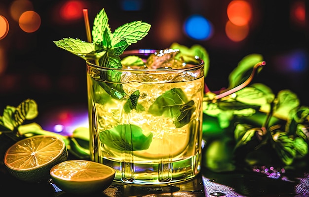 Mojito cocktail on bar counter in night club with bokeh background