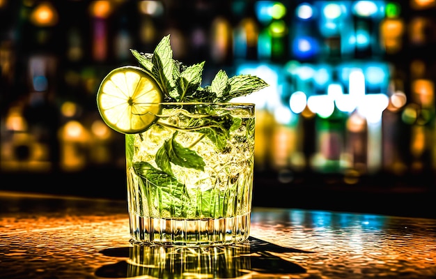 Mojito cocktail on bar counter in night club with bokeh background