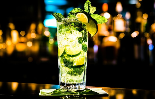 Mojito cocktail on bar counter in night club with bokeh background