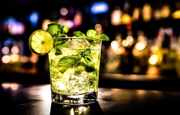 Mojito cocktail on bar counter in night club with bokeh background