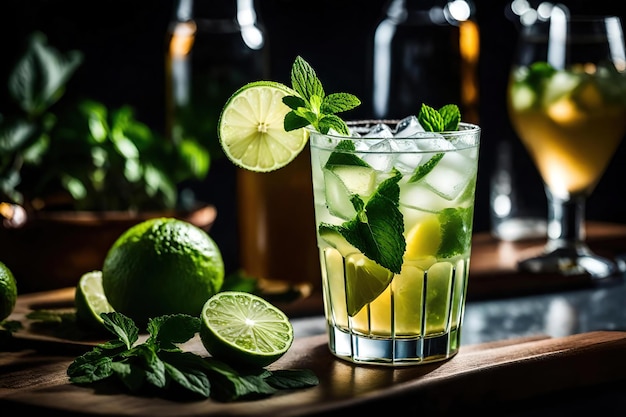 Photo mojito cocktail at the bar table with lime and mint