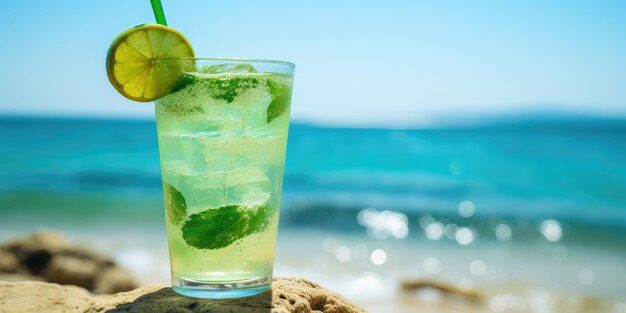 Mojito cocktail on the beach Green cocktail with ice High quality photo Generative AI