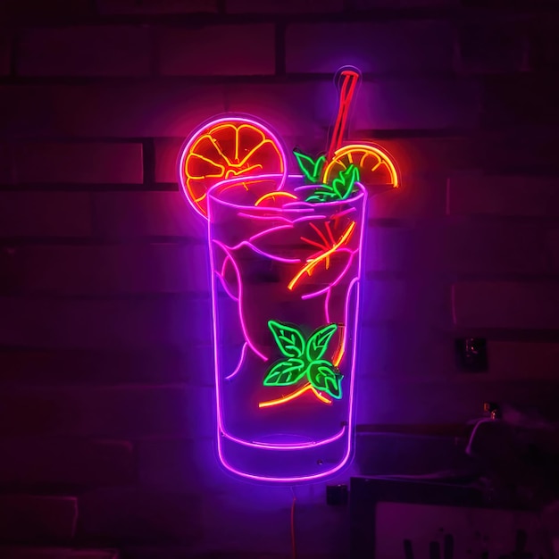 Photo mojito cocktail drink neon sign bright electric light signage