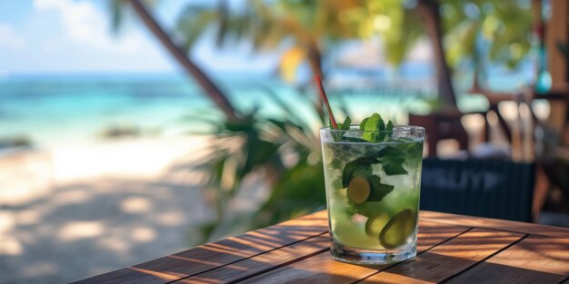 A mojito cocktail in a glass sits on a wooden beach table with a drinking straw