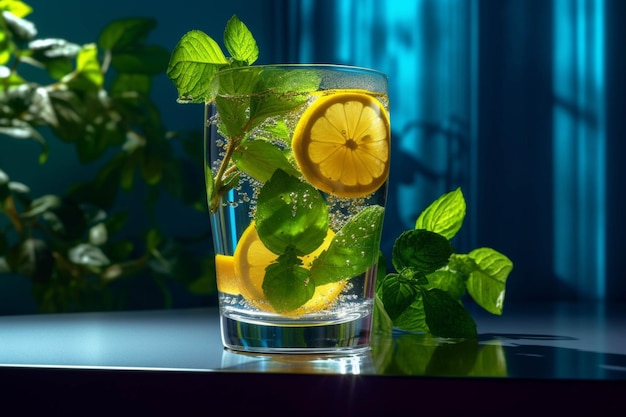 Mojito cocktail met citroen munt en ijs op blauwe achtergrond