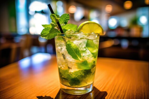 Mojito cocktail met limoen en munt in een glazen glas op een tafel in een café gegenereerd door AI