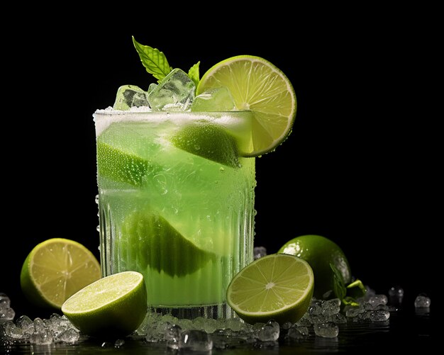 Foto mojito cocktail met limoen op zwarte achtergrond