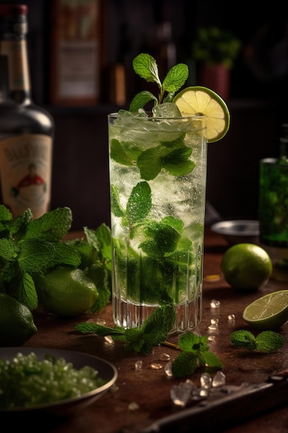 Mojito cocktail or mocktail with lime mint and ice in glass