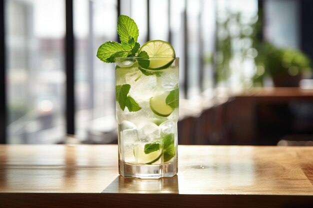 Mojito cocktail op een houten tafel Mooie achtergrond met bokeh Zomer zonnige dag