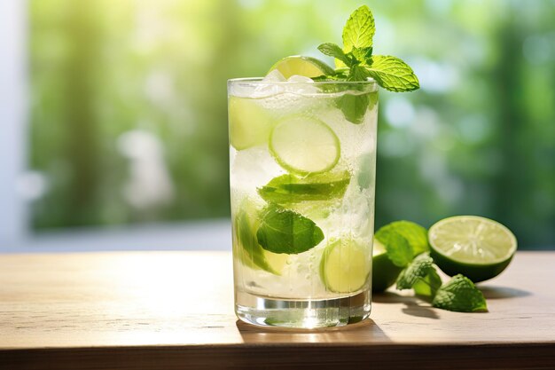 Mojito cocktail op een houten tafel Mooie achtergrond met bokeh Zomer zonnige dag