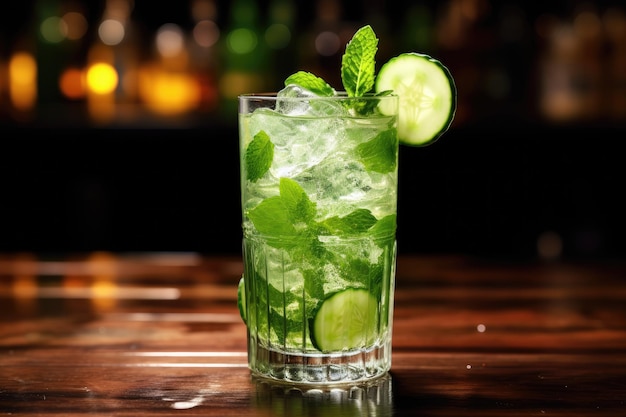 Mojito-cocktail op een toog in een nachtclubbar Cocktail met komkommerijs op toog in een restaurant-pub AI gegenereerd