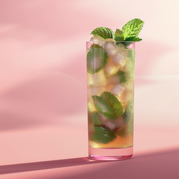 Mojito Cocktail on Pink Background Mint Tropical Mocktail Fresh Beach Party Coctail Summer Drink