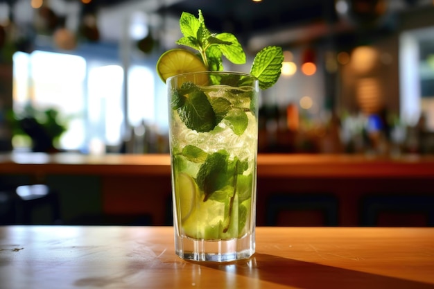 Mojito cocktail with lime and mint in a glass glass on a table in a cafe AI generated