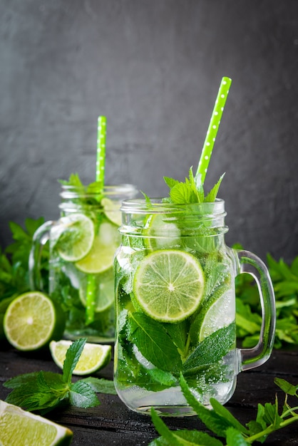 Mojito cocktail with lime and mint in highball glass