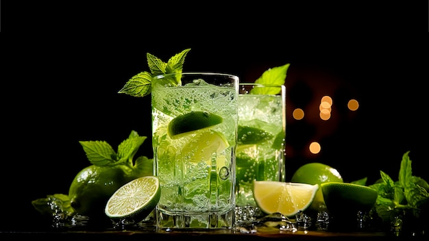 Mojito cocktail with lime mint and ice on black background with copy space Summer concept