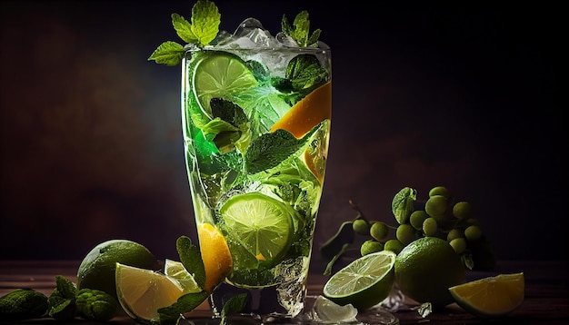 Mojito cocktail with lime mint and ice on black backgroundgenerative ai