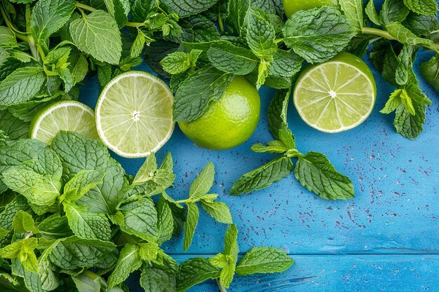 Mojito cocktail with slices of lime and mint on blue table with fresh mint leaves