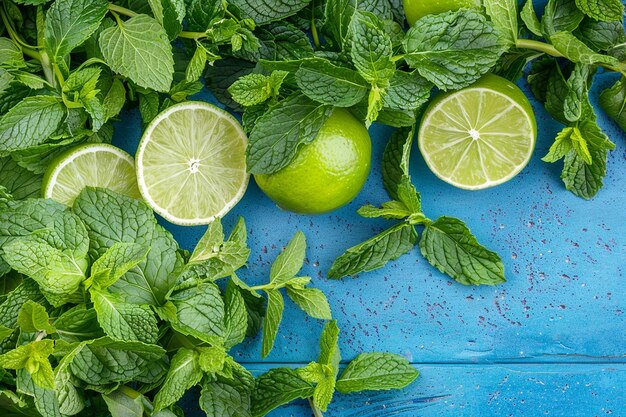 Foto cocktail mojito con fette di lime e menta su tavolo blu con foglie di menta fresca