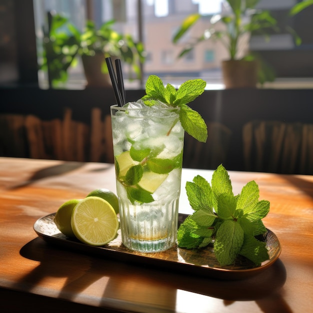 Mojito cocktail on a wooden tray with lemon slices and mint leaves close up space for text