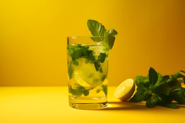 Mojito cocktail on yellow sunny background neural network ai generated