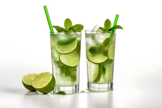 Mojito coctails with limes on white background ai generative